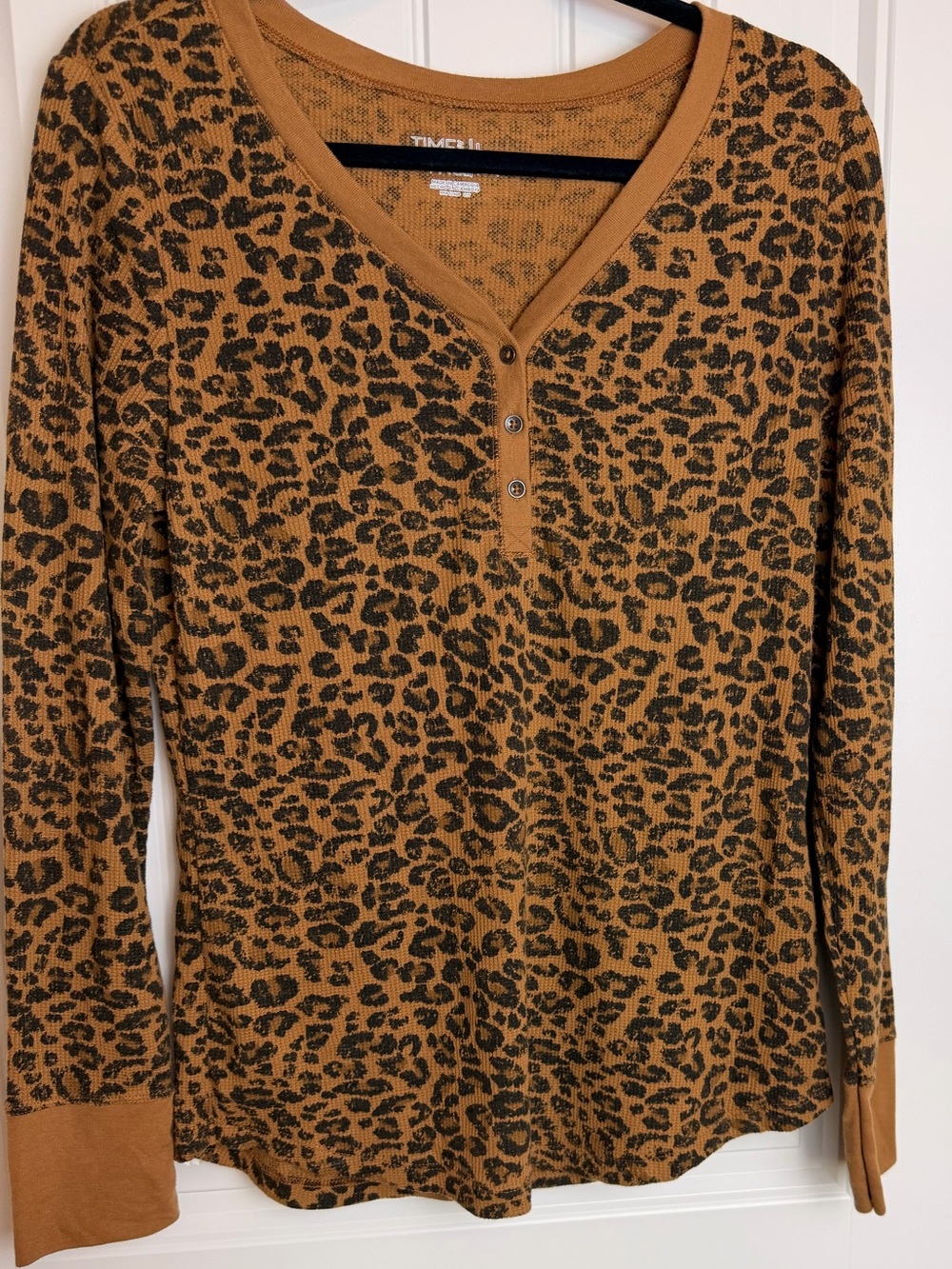 Time and Tru Leopard Print Henley Long Sleeve Top Size L